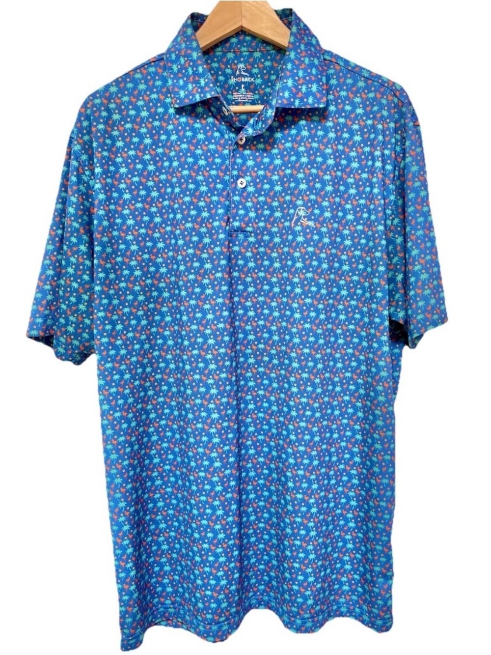 Rhoback Polo Shirt Mens L Lavender Palm Pink Flamingo Print
